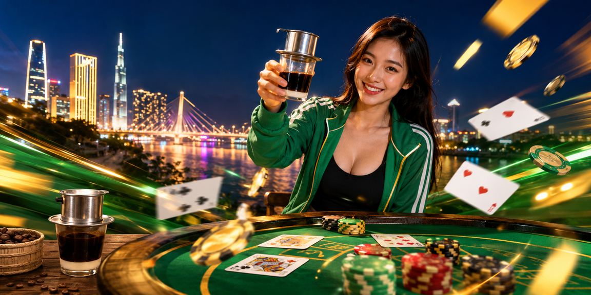 Người dùng Việt Nam thư giãn tại quán cà phê Hồ Chí Minh với điện thoại và trò chơi baccarat